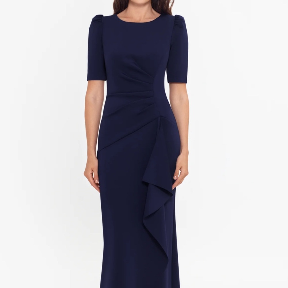 Xscape Midnight Blue Gown
Demi Scuba short sleeve side ruched floor length gown